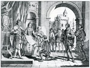 Christopher Columbus (1451-1506) presenterer en beretning om hans oppdagelse av Amerika for kongen og dronningen av Spania